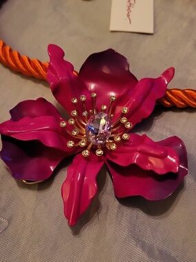 Betsey Johnson Pink Flower Statement Necklace with Orange Rope Bnwt HL